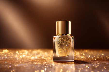 Golden nail polish bottle on glitter background with bokeh effect.の素材