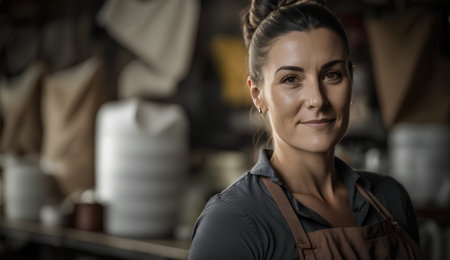 Portrait of a smiling female barista standing in a coffee shopの素材