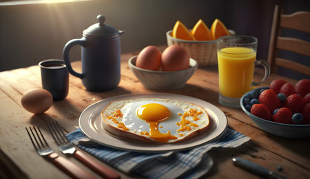 Breakfast with fried eggs and fruit on wooden table in dark roomの素材