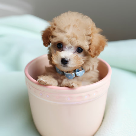 Cute poodle puppy with blue eyes sitting in a pink cupの素材