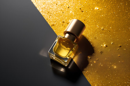 Bottle of perfume on black and gold background. 3d renderingの素材