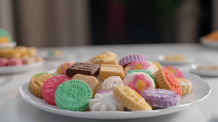 Colorful cookies on a plate, shallow depth of field, selective focusの素材