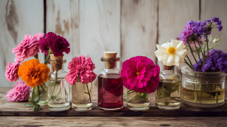 Essential oil in a small bottle with fresh flowers on wooden backgroundの素材