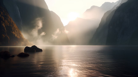 Foggy sunrise over a lake in the mountains with rocks in foregroundの素材
