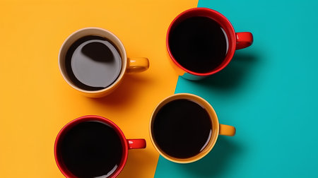 Coffee cups on colorful background. Top view with copy spaceの素材