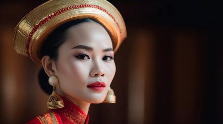 Beautiful asian woman in traditional dress with red lips, closeup portraitの素材