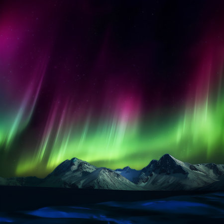 Aurora borealis in the night sky over snowy mountains.の素材