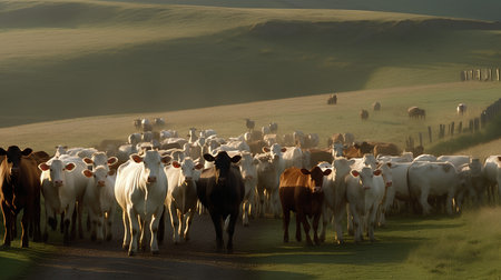 Cattle herd on the meadow in the light of the setting sunの素材