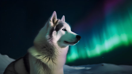 Portrait of a siberian husky against a northern lights backgroundの素材