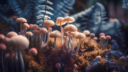 Mushrooms growing on moss in the forest. Shallow depth of fieldの素材