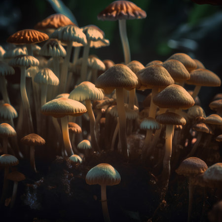 Mushrooms growing in the forest in autumn. Shallow depth of fieldの素材