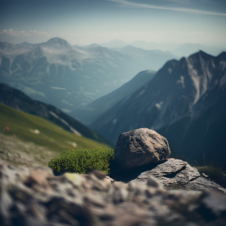 Mountain landscape with green grass and stones. Filtered image processed vintage effect.の素材