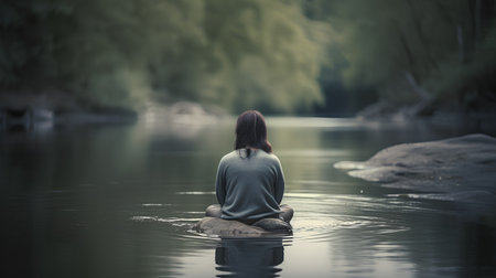 Young woman sitting on a rock in the river. Looking at the water.の素材
