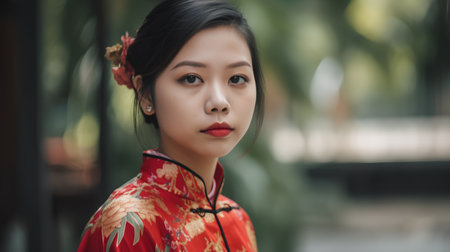 Portrait of a beautiful young asian woman in traditional cheongsamの素材
