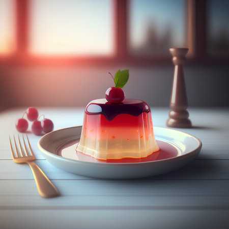 Panna cotta with cherry on a plate. 3D renderingの素材