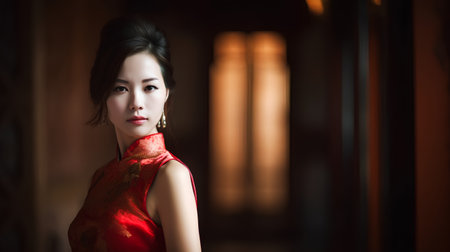 beautiful asian woman in chinese new year dress, closeup portraitの素材