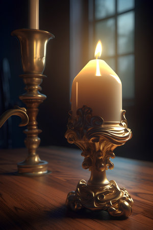 Candle in a candlestick on a wooden table in a dark roomの素材
