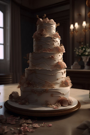 Wedding cake with flowers and ribbons on a wooden tableの素材