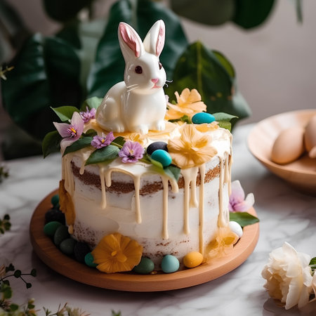 Easter cake with bunny and eggs, selective focus, square imageの素材