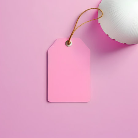 Blank pink price tag with white christmas ball on pink backgroundの素材
