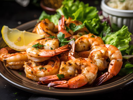 Grilled tiger prawns with lemon and herbs on a plateの素材