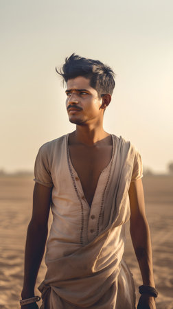 indian young man in the desert at sunset wearing a sariの素材