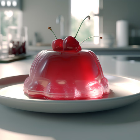 Pudding with cherry on a plate in a kitchen. 3d renderingの素材