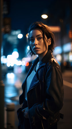 Fashion portrait of young beautiful woman in the city at night.の素材