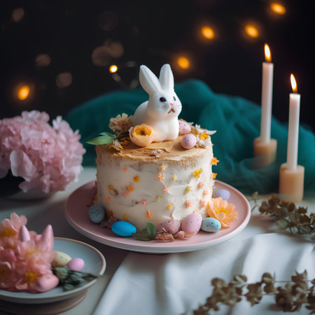 Easter cake with white rabbit and chocolate eggs on a dark backgroundの素材