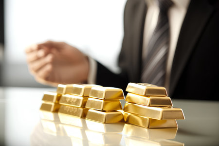 Businessman stacking gold bars, closeup. Financial growth concept.の素材