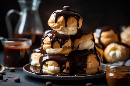 Chocolate eclairs with cream and caramel sauce on dark backgroundの素材