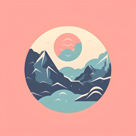 Mountain landscape with sun. Vector illustration in flat design style.の素材