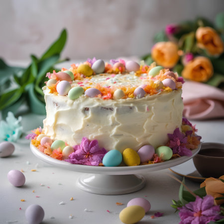 Easter cake with Easter eggs and spring flowers. Selective focusの素材