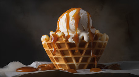Vanilla ice cream with caramel sauce in waffle cone over dark backgroundの素材