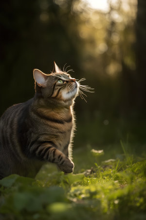 portrait of a tabby cat in the sun on the natureの素材