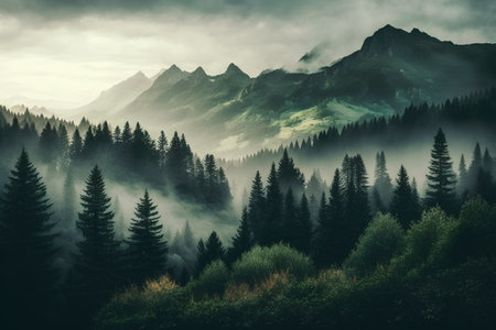 Mountain landscape with coniferous forest and high peaks in fogの素材