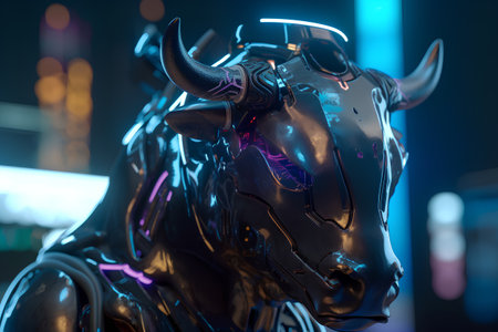 3d rendering of a black metal sculpture of a bull with hornsの素材