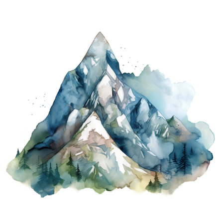Watercolor mountain landscape. Hand drawn illustration isolated on white background.の素材