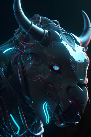 3D rendering of a female robot with horns in neon light.の素材