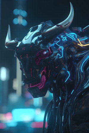 Close-up of the head of a black robot with horns.の素材