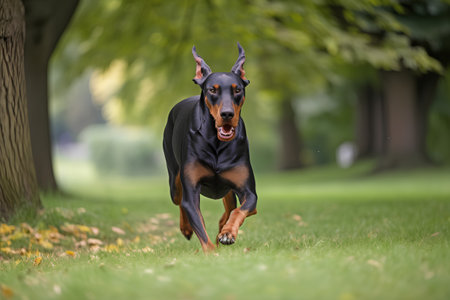 Doberman Pinscher running in the park. Selective focus on the dogの素材