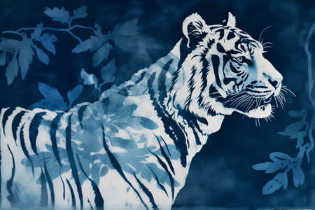 Illustration of a tiger on a dark blue background with leaves.の素材