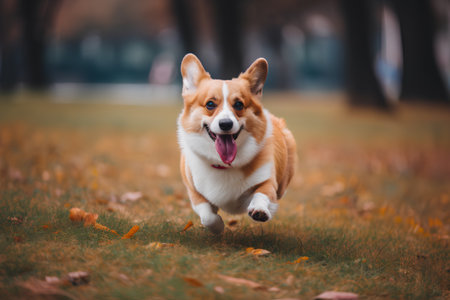 Happy Welsh Corgi Pembroke dog running in autumn parkの素材