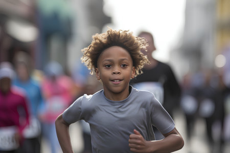 Portrait of a young african american girl running in the cityの素材