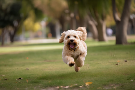 Cute dog running and jumping in the park with green grass.の素材