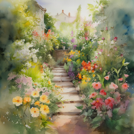 Watercolor painting of a path in the garden with blooming flowersの素材