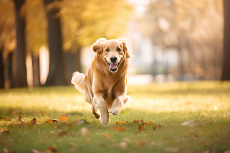 Golden Retriever running in the park on a sunny autumn dayの素材