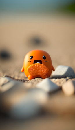 Funny orange plasticine character on the beach. Selective focus.の素材
