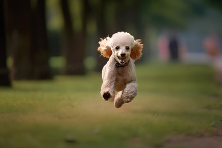 Poodle running in the park. Shallow depth of field.の素材