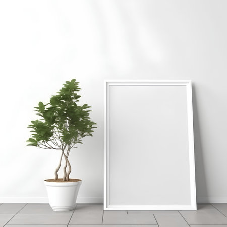3D render of a blank picture frame in a room with a plantの素材
